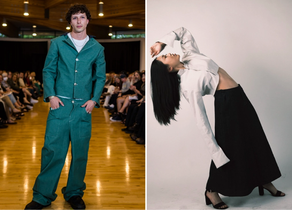 A young designer from the Comox Valley is creating bold, eco-conscious clothing Two Sonder Studios designs: a teal utility-style jumpsuit worn on a runway and a black-and-white draped look photographed in studio