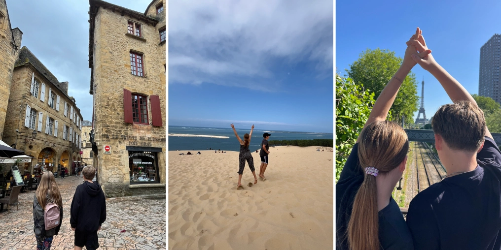The Fox siblings reflect on their year abroad Scenes from a year abroad in France: a medieval village street, a sand dune, and Isla and Niko Fox reaching toward the Eiffel Tower