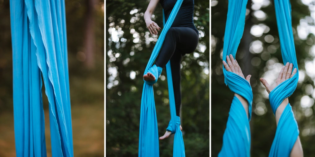 Aerial silks: the perfect blend of strength and beauty Close-up details of aerial silks technique, including the fabric texture, a wrapped foot, and hands gripping the silk.