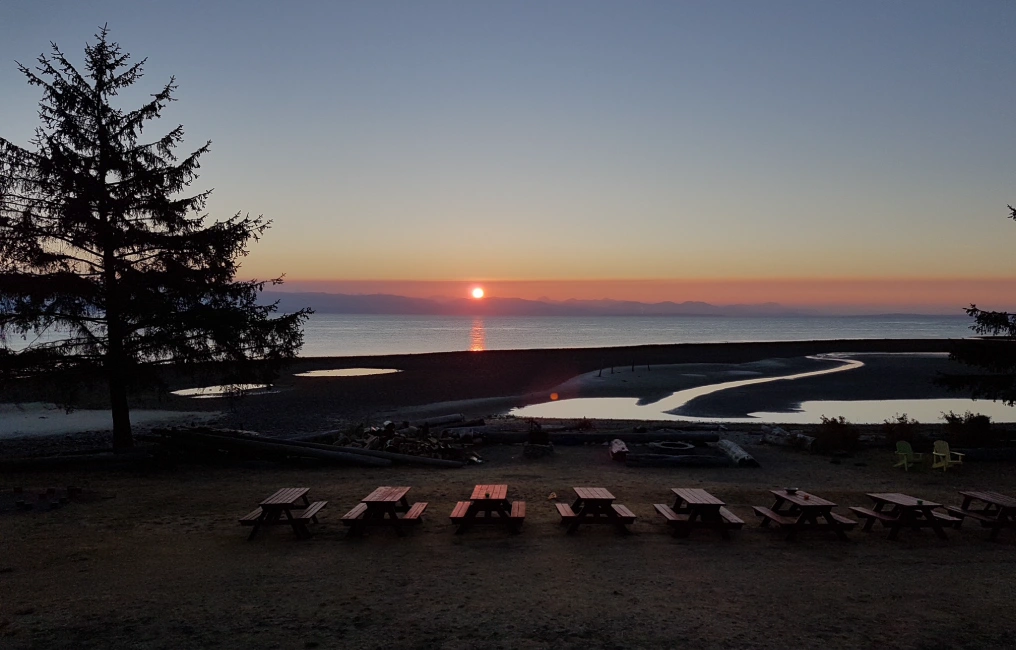 The Comox Valley's beloved historic resorts Rows of picnic tables and a fire pit facing the beach at sunset