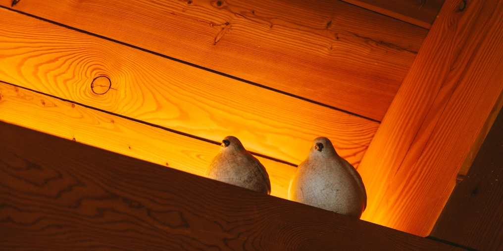 Building Basecamp Two ceramic doves that survived the fire, perched on wooden rafters in the rebuilt cabin