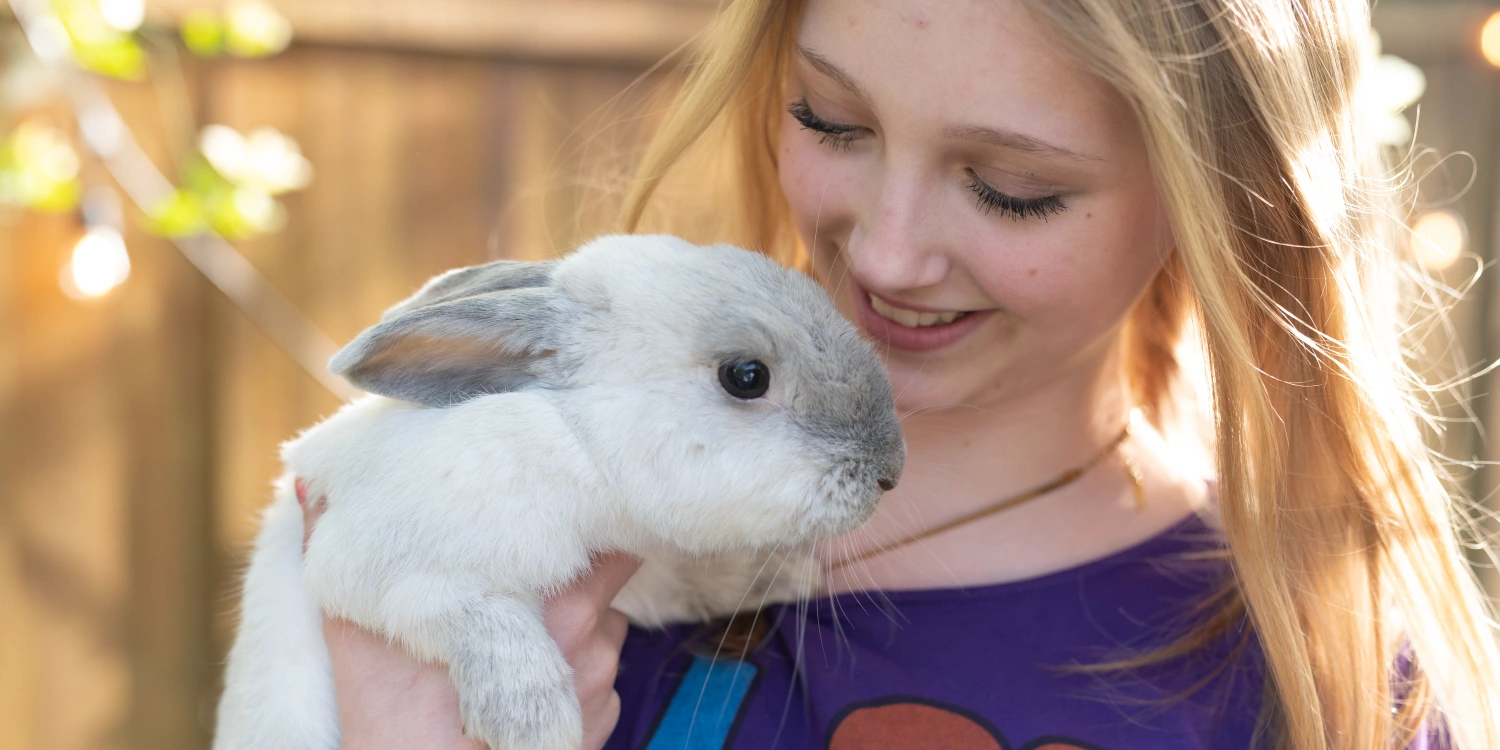 girl-holding-pet-rabbit-oceanside A young girl gently holds her grey and white pet rabbit close to her face outdoors