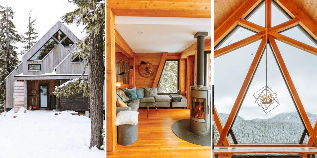 Building Basecamp Exterior and interior views of the rebuilt passive house cabin, including the living room fireplace and timber-framed window