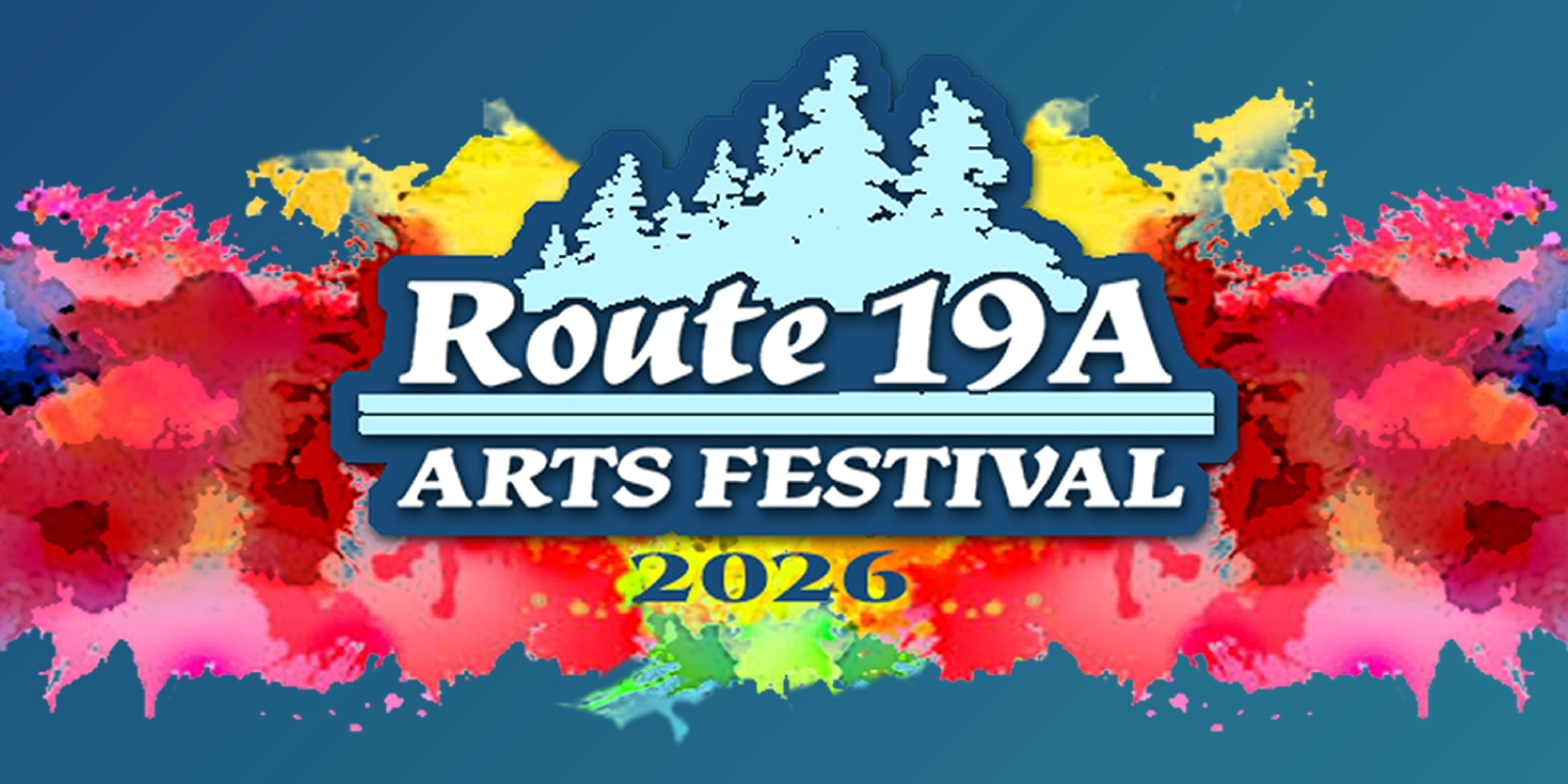Route 19A Arts Festival A colourful Route 19A banner featuring a logo and multi coloured paint background