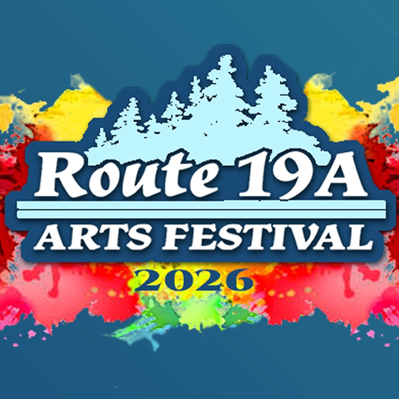 Route 19A Arts Festival A colourful Route 19A banner featuring a logo and multi coloured paint background