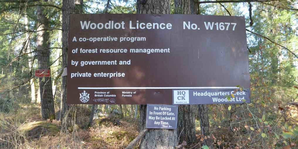 A sign on a tree displays the Headquarters Woodlot information and licence number