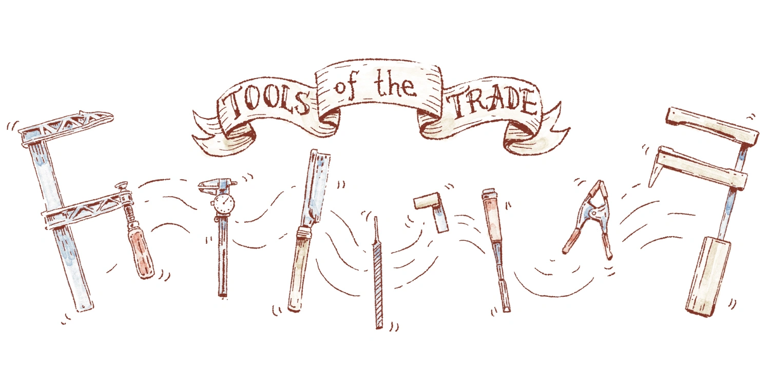A look into Errington’s own annual luthier show Illustration of luthier's tools, including bar clamps, a dial caliper, a saw, a file, a chisel and a spring clamp, under a banner reading "Tools of the Trade"
