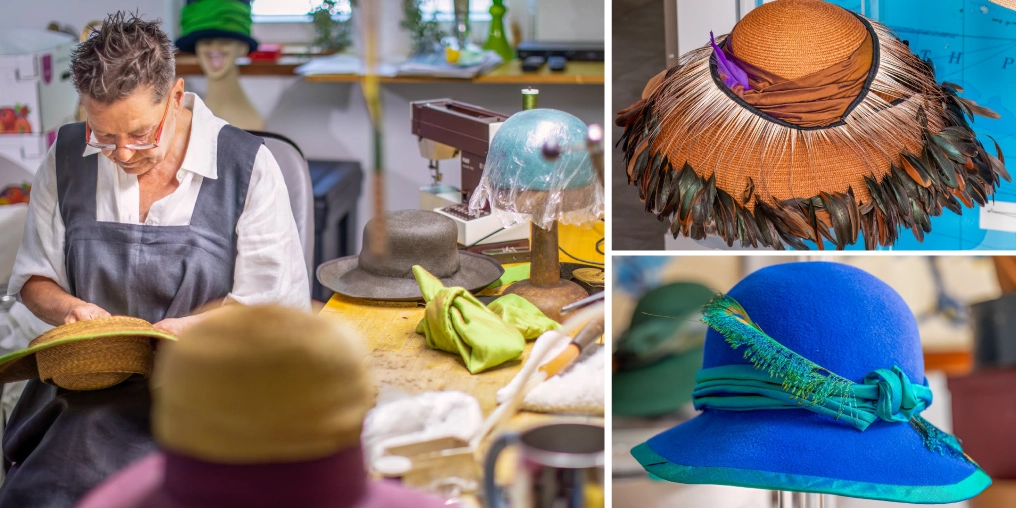 Piroska Mueller loves creating beautiful, one-of-a-kind hats Milliner working on a straw hat brim at her workbench, alongside a feather-trimmed straw hat and a blue felt hat with teal ribbon