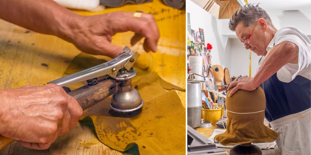 Piroska Mueller loves creating beautiful, one-of-a-kind hats Hands working felt with a hat-making tool, and a milliner shaping a felt hat over a wooden hat block