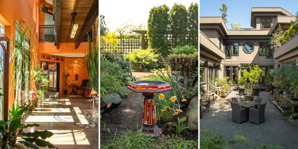 Three views of an owner-built Comox Valley home: a sunlit atrium with mosaic inlays in the concrete floor, a mosaic birdbath in the garden, and a courtyard patio framed by the house