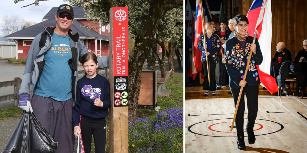 Celebrating 90 years of Rotary in the Comox Valley Left: a volunteer holding a garbage bag stands with a young girl beside a red Rotary Trail post. Right: a teen in a pin-covered blazer carries a flag across a gymnasium floor in a flag procession.