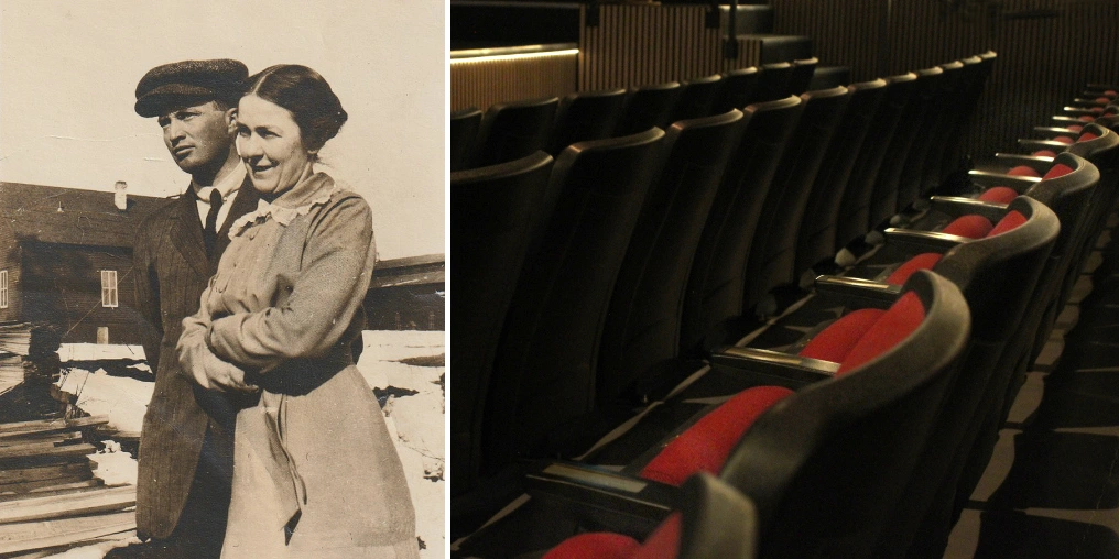 The Last Frontier at ECHO Players in Qualicum Beach Left: a vintage sepia photo of Joanne and R. L. Laney outside a wooden building beside stacked lumber. Right: rows of red seats at The Village Theatre in Qualicum Beach