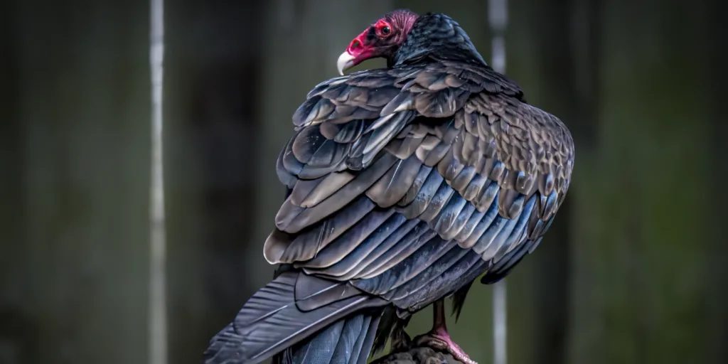 Interim Wild: North Island Wildlife Recovery Centre A turkey vulture with a red head looking back over its layered dark wing feathers at a wildlife rescue centre on Vancouver Island